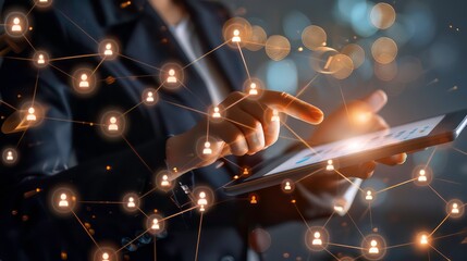 Poster - A businesswoman uses a tablet with a network of connections visible around her, symbolizing communication and collaboration.