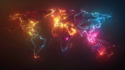 Poster - A glowing world map with vibrant neon colors outlining the continents, set against a dark background.