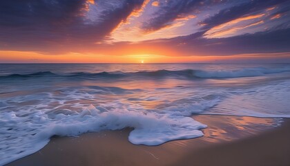 Wall Mural - The tranquil waves beat the beach, and the sky at sunset shed soft orange-purple light, making it particularly charming.