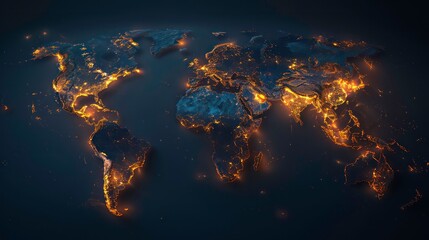 Poster - A stylized 3D map of the world glowing with lights, representing global interconnectedness and communication.