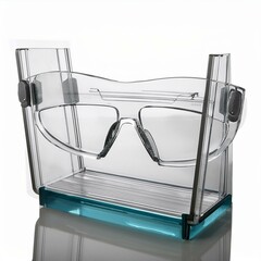 Clear, acrylic eyeglass stand with an adjustable height feature.