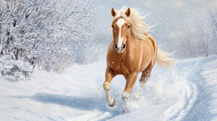 Sticker - A horse running through snow covered field in the winter, AI