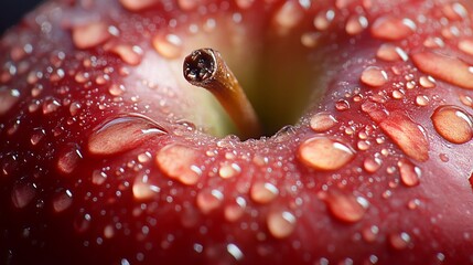 A closeup macro shot of an apple with water droplets on its skin. The details of the apple's texture and the water droplets are clearly visible, creating a visually appealing image. 