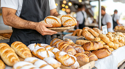 Freshly baked bread and pastries are displayed at market vendors stall, showcasing variety of delicious options. vendor holds plate of artisanal bread, inviting customers to enjoy.