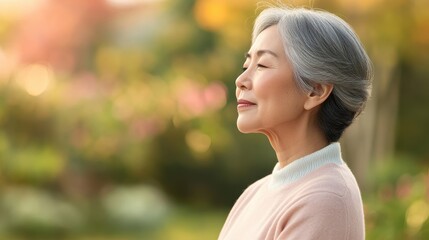 Wall Mural - Tranquil Harmony: Older Asian Woman Finding Peace and Calm Through Mindful Breathing in Serene Garden Setting