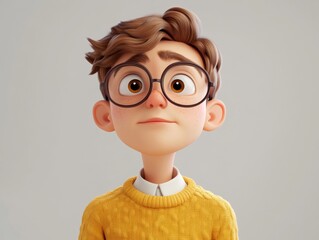 Poster - Thoughtful 3D Cartoon Student. Young Man with Glasses