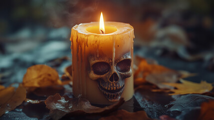 Creepy Halloween Scene with a Burning Candle Casting Candlelight and Shadows on a Dark Autumn Background, Featuring a Sinister Gothic Skull