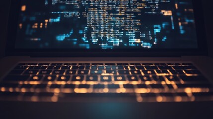 Close-up of a laptop with glowing programming code on the screen. Concept of coding and software development in a digital workspace.