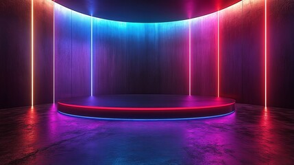 A neon colored stage with a red, blue and green light strip