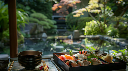 Canvas Print - Japanese Bento Box With Sushi And Tempura Tra