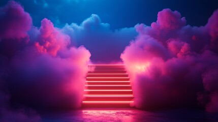 Wall Mural - A staircase is lit up in red and is surrounded by pink clouds