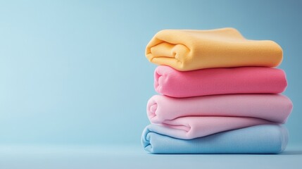 A stack of towels in different colors, including pink, yellow, and blue