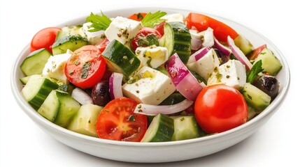 Delicious Greek salad on a white plate with a white background.