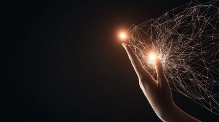 Poster - Digital hand touching a glowing network node front view representing human interaction with technology futuristic tone monochromatic color scheme