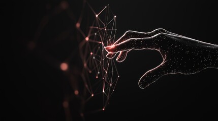 Poster - Digital hand touching a glowing network node front view representing human interaction with technology futuristic tone monochromatic color scheme