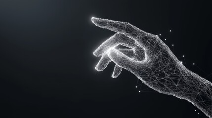 Poster - Digital hand touching a glowing network node front view representing human interaction with technology futuristic tone monochromatic color scheme