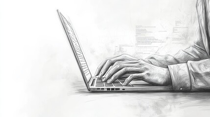 Aufkleber - Sketch of hands typing on a laptop with code on screen, representing software development and programming concepts.