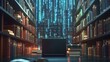 © zhou yan - Digital library with books and laptop computer in a futuristic setting, highlighting data visualization and AI-powered information search. Glowing binary code flows across the bookshelves, representin