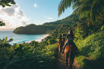 Horseback riders traveling along a tropical beach trail, tourist activities on vacation concept