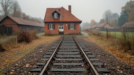 Abandoned Railway Tracks and a Small Red Brick House