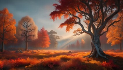 Wall Mural - Wallpaper autumn landscape of beautiful trees on the edge of the forest