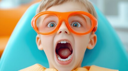 Poster - A little boy in orange glasses sitting on a dentist chair, AI