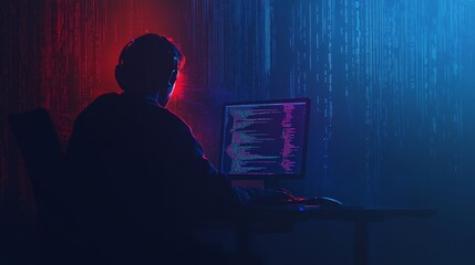 Poster - A programmer working in a dark room with red and blue neon lights. Reflects intense focus on late-night coding.