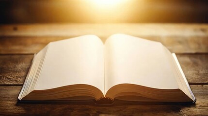 An open book resting on a wooden table, illuminated by warm sunlight, inviting readers to explore its blank pages.