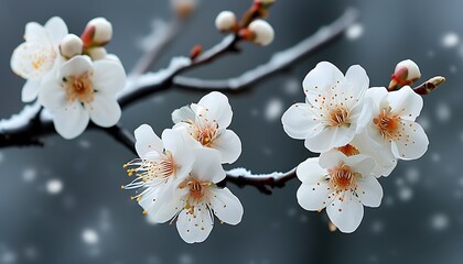 Poster - Against the background of tranquility in winter, white flowers bloom on smooth black branches, showing the power of elegance and life.