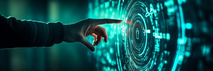 Aufkleber - Man with binary code projected on his face in a digital background, symbolizing data security and hacking threats.