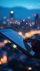 Poster - Fingers touching a tablet, interacting with glowing data, representing communication and technology innovation.