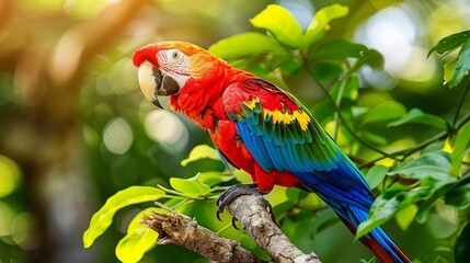 Wall Mural - Scarlet Macaw Perched on Branch in Vibrant Green Foliage, Bird, Parrot, Tropical, Wildlife