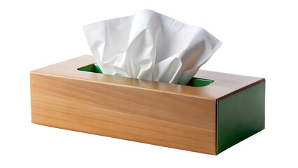 Wooden tissue box with cotton tissues on display, cut out transparent