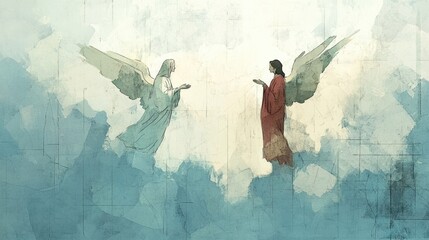 Annunciation. Angel Gabriel announcing to Mary that she will conceive and give birth to Jesus on a blue watercolor background.