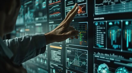 Poster - A hand reaches out to touch a large interactive display with various data visualizations.