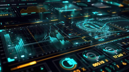 Poster - A futuristic digital interface with various charts and data displays, showcasing a complex network of interconnected information.