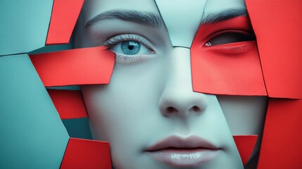 Poster - A woman's face is made up of pieces of paper, AI