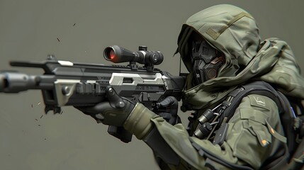 A soldier in tactical gear aiming a high-tech rifle, ready for action.