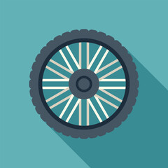 Poster - black tyre with spokes casting a long shadow on blue background, a flat design icon with a long shad