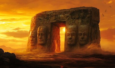 Sticker - Stone Gateway with Carved Faces at Sunset in a Desolate Landscape