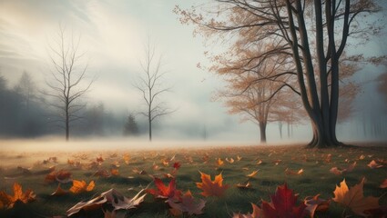 Wall Mural - Beautiful natural autumn landscape with mystical morning mist among trees