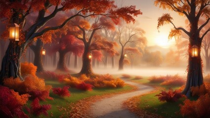 Wall Mural - Wallpaper autumn park with golden trees and abstract hanging lanterns