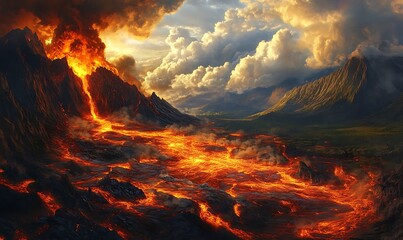 Poster - Erupting Volcano with Lava Flow and Clouds