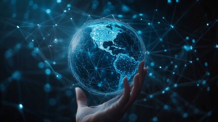 Aufkleber - Blue digital globe held in hand with glowing data connections around the earth. Global network and futuristic technology concept.