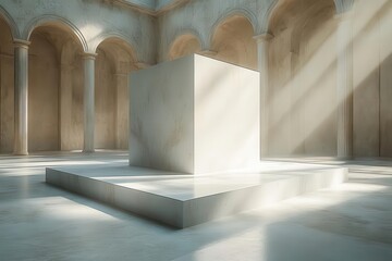 Wall Mural - pristine white cube floating in ethereal minimalist space soft shadows clean lines infinite background