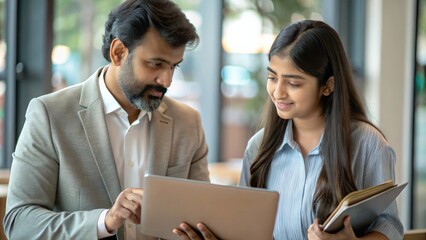 An Indian male teacher  advising university student girl on career options, with resources and guides available for exploration.