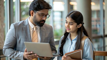 An Indian male teacher  advising university student girl on career options, with resources and guides available for exploration.