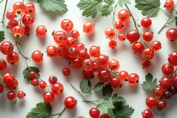 Fresh red currants and green leaves arranged on a light background in a vibrant display for culinary inspiration and decoration