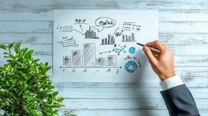 Poster - A business professional analyzes data trends, drawing charts and graphs on paper while surrounded by greenery.