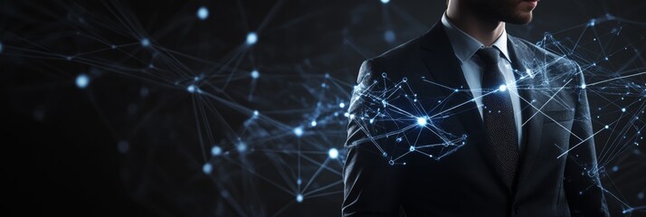 Poster - Businessman in a suit surrounded by glowing digital connections. Futuristic concept of technology leadership and networking.
